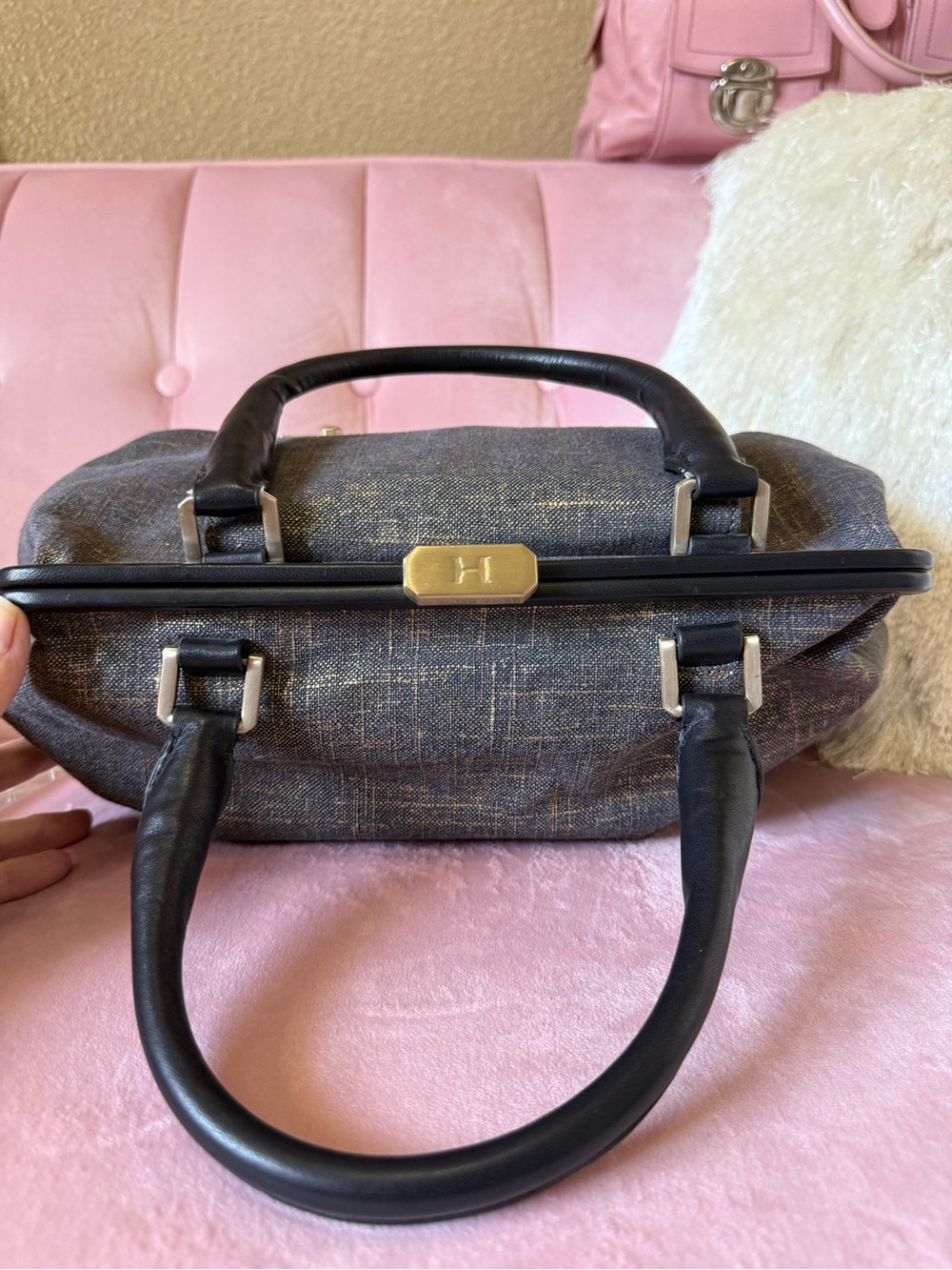 Halston Heritage Brushed Denim/Gold Doctors Bag w Leather Trim & Gold Hardware - Picture 12 of 16